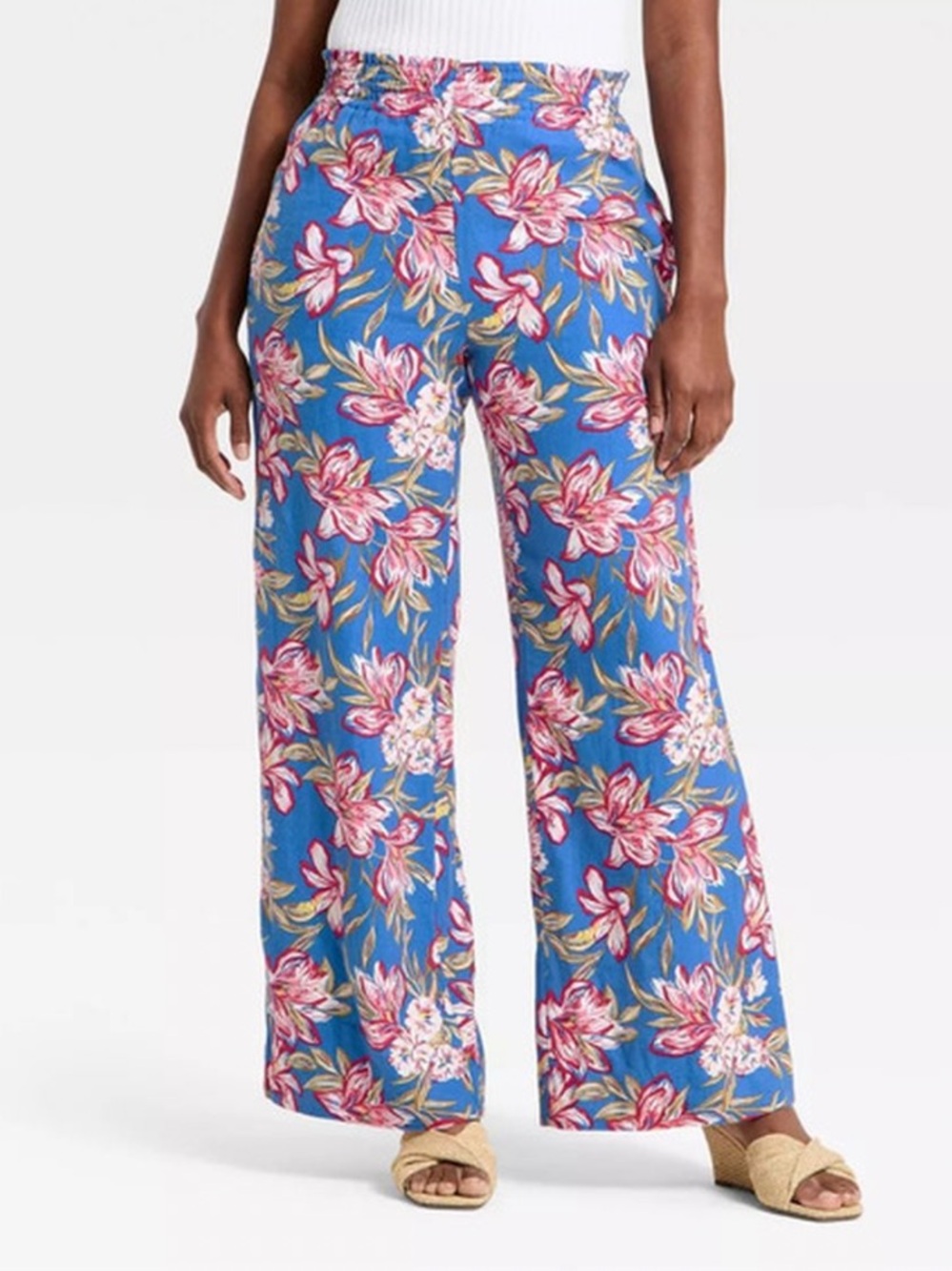 a new day Blue Wide-Leg Floral Print Linen Pants